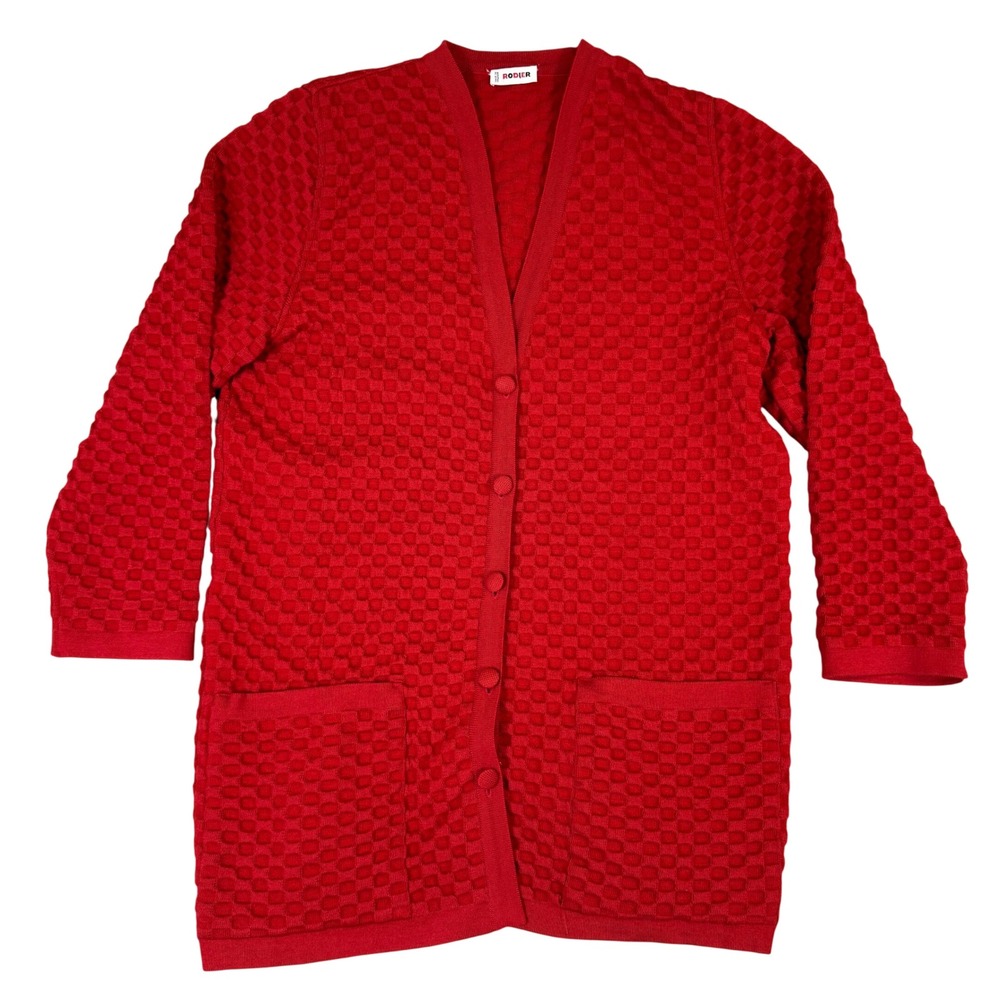Rodier Paris Vintage Red Bubble Knit Cardigan Sweater Made in France Pockets